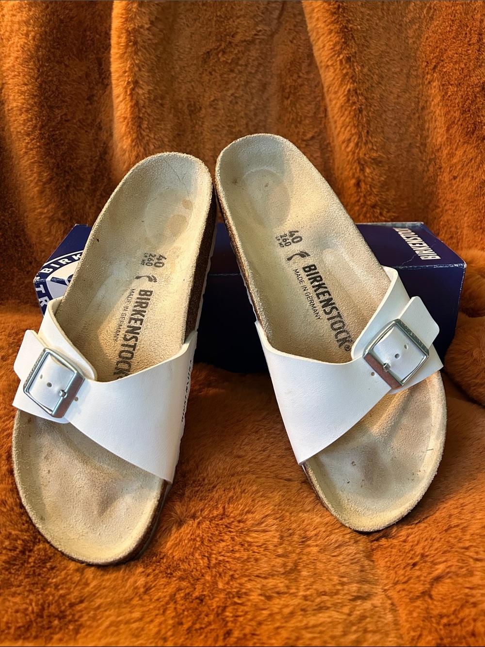 Birkenstock Madrid Birko-Flor Sandals, White Leather with Silver Buckles, size 9